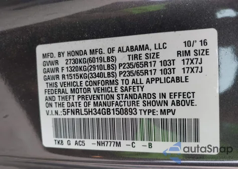2016 Honda Odyssey Se z USA, uszkodzony, nr VIN 5FNRL5H34GB150893